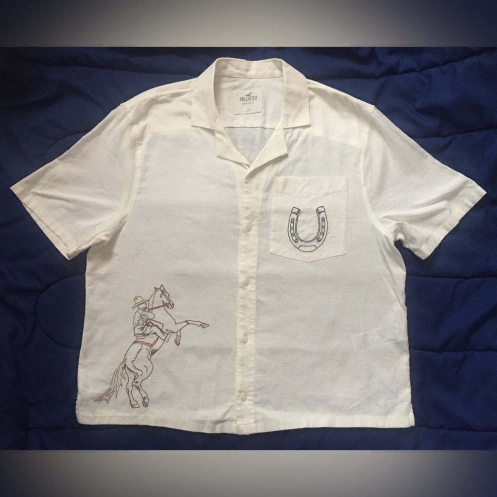 Hollister Shirt Men's Large White Boxy Crop Western Cowboy Embroidered Graphic